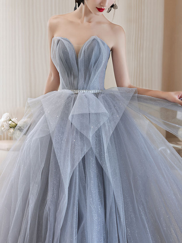 Gray Tulle Off-Shoulder Long Prom Dress Gray Tulle Formal Dress