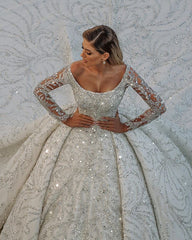 Long Ball Gown Satin Off-the-Shoulder Backless Wedding Dress with Crystal and Sequins