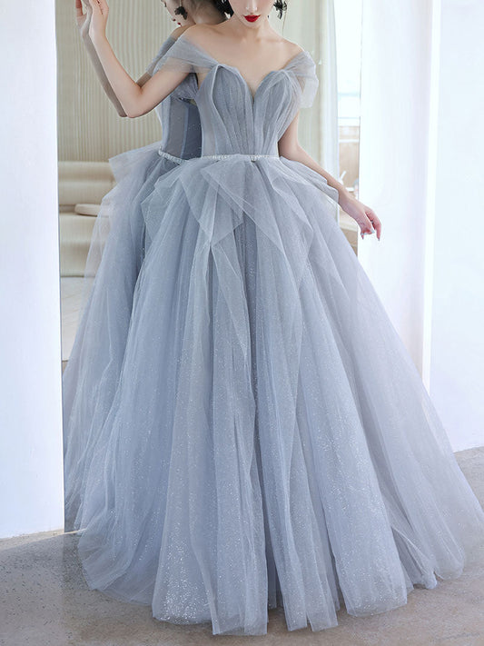 Gray Tulle Off-Shoulder Long Prom Dress Gray Tulle Formal Dress