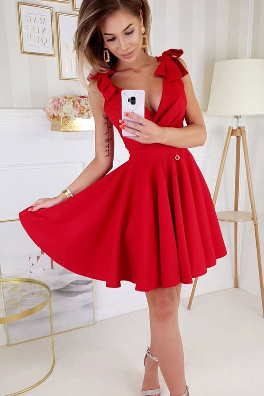 Red V-Neck Satin Short Prom Dress Red Satin Homecoming Dress