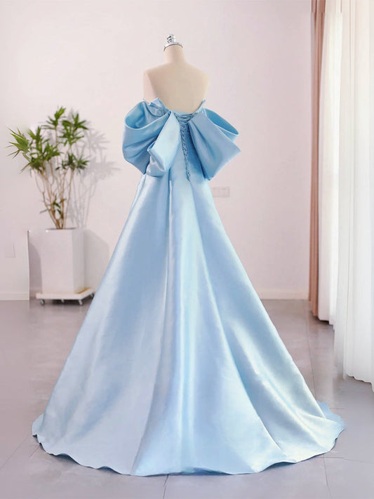 A-Line Sweetheart Neck Satin Blue Long Prom Dress Blue Long Formal Dress