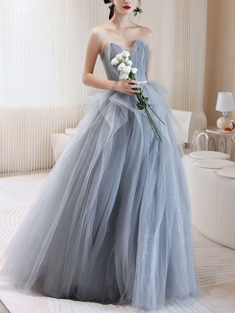 Gray Tulle Off-Shoulder Long Prom Dress Gray Tulle Formal Dress