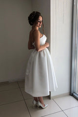 Simple White Sweetheart Satin Short Bridesmaid Dress White Prom Dress