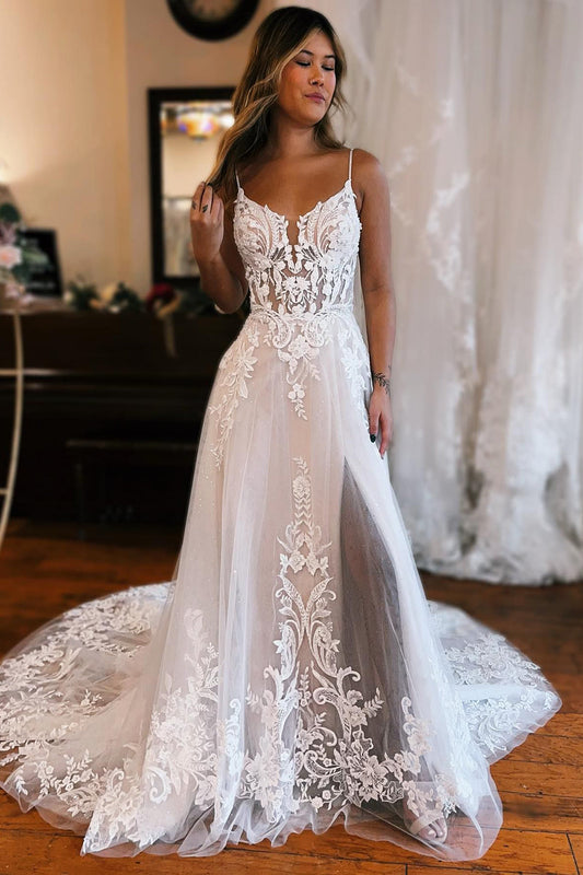 Unique Ivory Detachable Sleeve High Slit A-Line Wedding Dress with Appliques