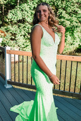 Light Green V-neck Sequins Mermaid Prom Dress