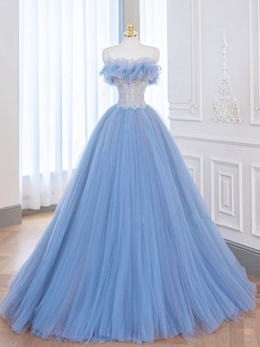 A-Line Blue Tulle Lace Long Prom Dress Blue Tulle Lace Formal Gown