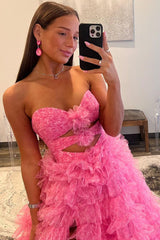 Reyna Dressystars Ball Gown Chic Sweetheart Collar Girly Pink Tiered Printed Tulle Material Prom Dress