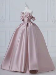 A-Line Pink Satin Long Prom Dress Pink Long Evening Dress