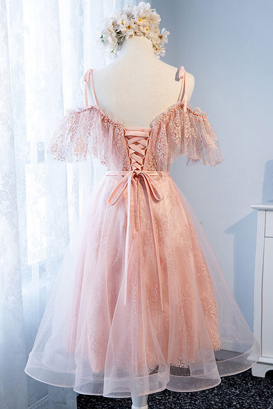 Pink Tulle Lace Short Prom Dress Pink Tulle Lace Homecoming Dress