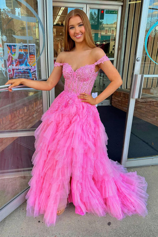 Off-the-shoulder Girly Pink Ruffle Tulle Material Long Elegant Prom Dress with Delicate Appliques