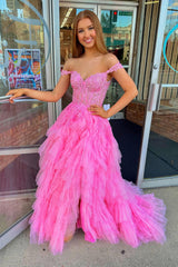 Off-the-shoulder Girly Pink Ruffle Tulle Material Long Elegant Prom Dress with Delicate Appliques