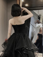 A-Line Sweetheart Neck Tulle Black Long Prom Dress Black Long Formal Dress