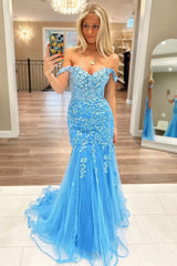 Blue Off the Shoulder Tulle Material Mermaid Prom Dresses with Delicate Appliques