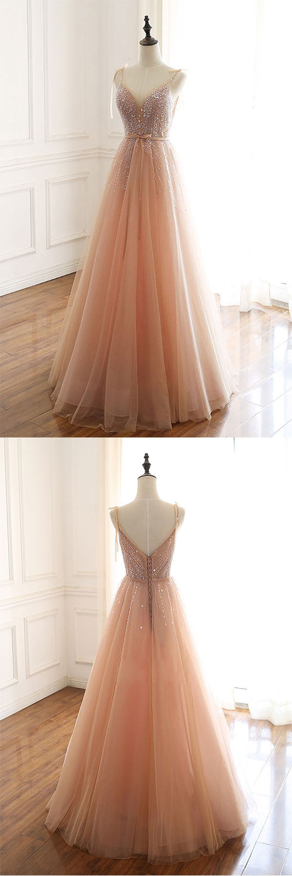 Champagne Tulle Beaded Sequin Long Prom Dress Evening Dress