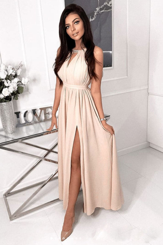 Simple Champagne Chiffon Long Prom Dress Chiffon Evening Dress