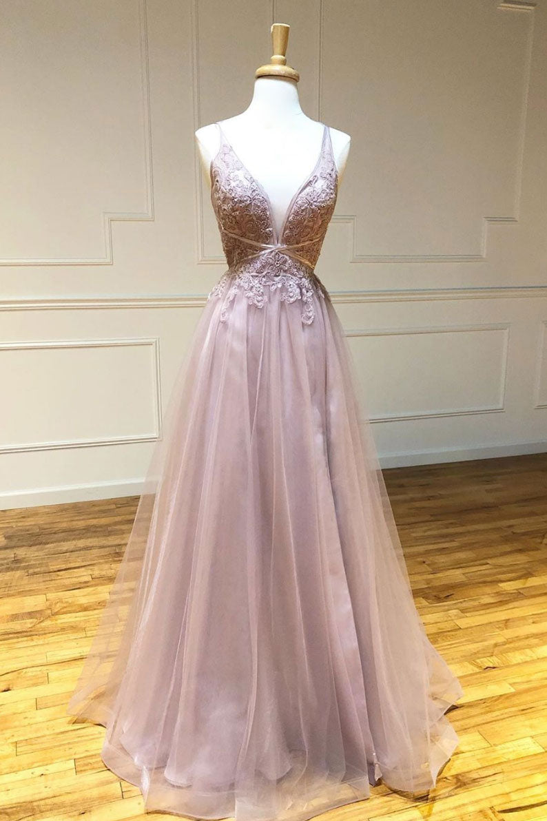 Pink V-Neck Tulle Lace Long Prom Dress Pink Lace Evening Gown