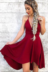 Simple Burgundy V-Neck Chiffon Short Prom Dress Burgundy Cocktail Dress