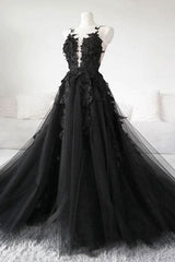 Black Tulle Lace Long Prom Dress Black Lace Evening Dress