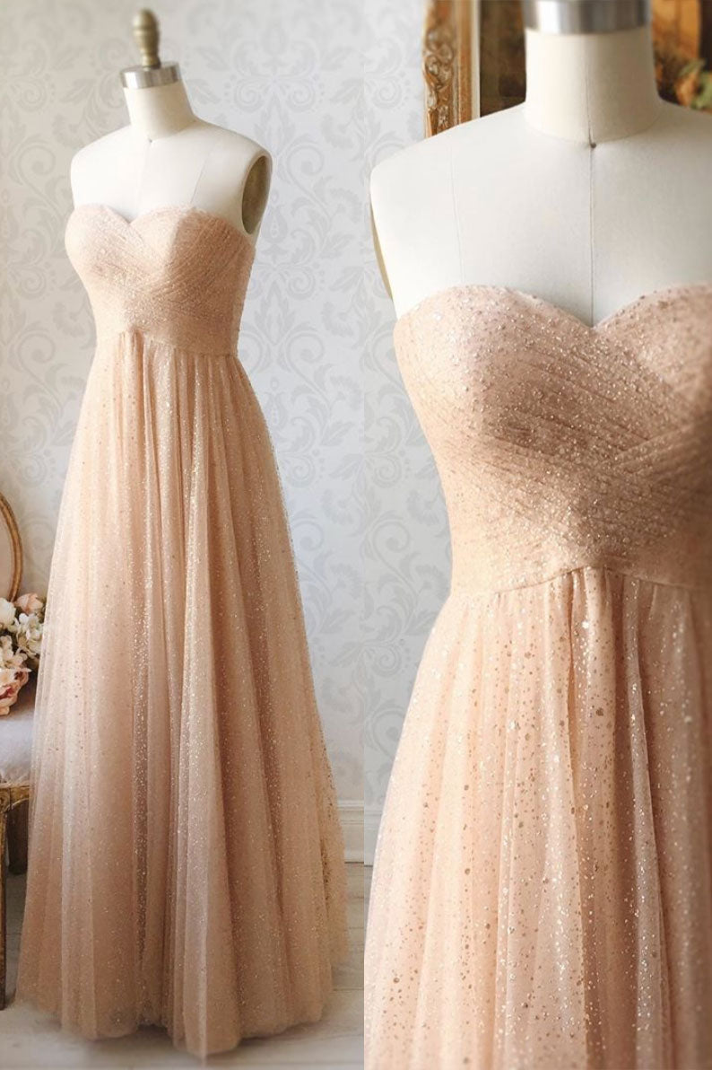 Champagne Sweetheart Tulle Sequin Beaded Long Prom Dress