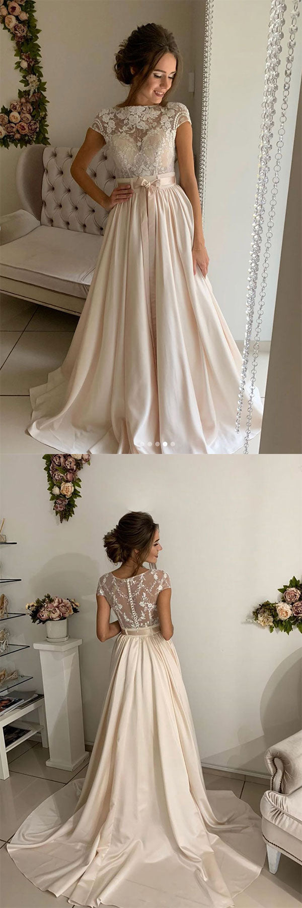 Champagne Lace Satin Long Prom Dress Lace Evening Dress