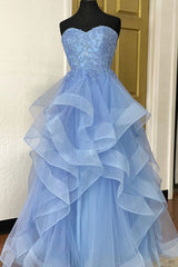 Blue Tulle Lace Long Prom Dress Blue Tulle Lace Evening Gown