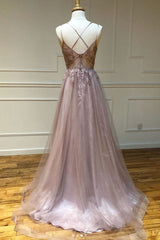 Pink V-Neck Tulle Lace Long Prom Dress Pink Lace Evening Gown