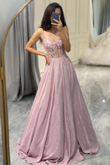 Sparkly Blush A Line Appliqued Long Corset Prom Dress