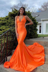 Simple Orange Satin Mermaid Long Prom Dress Orange Evening Gown