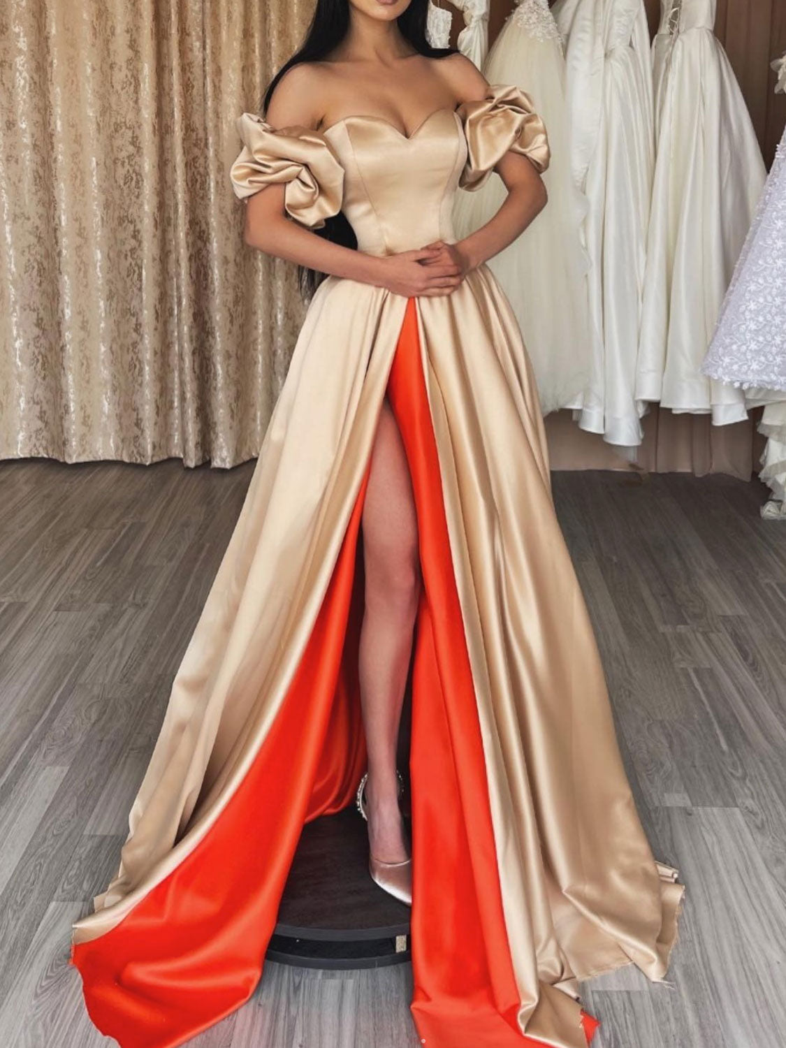 Champagne Sweetheart Neck Satin Long Prom Dress Unique Evening Dress