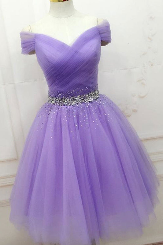 Purple Tulle Off-Shoulder Short Prom Dress Purple Homecoming Dress