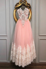 Pink Sweetheart Tulle Lace Long Prom Dress Pink Lace Evening Dress