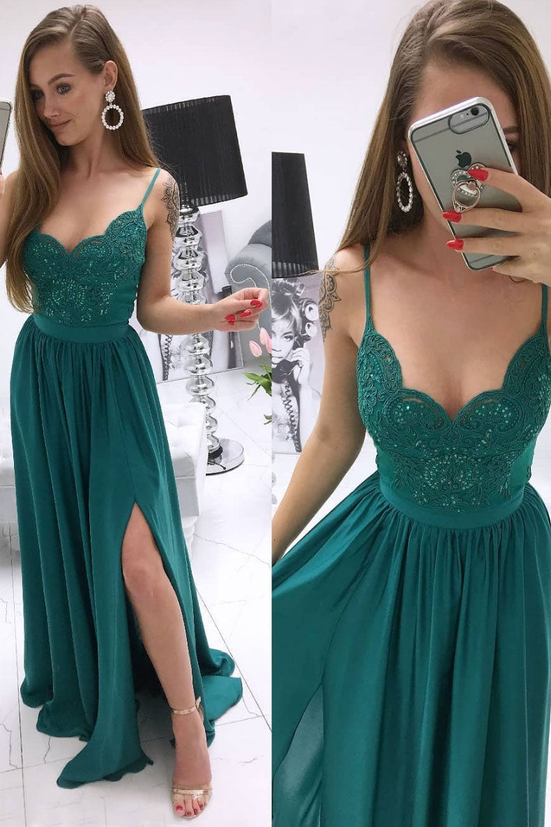 Green Sweetheart Lace Chiffon Long Prom Dress Green Evening Dress