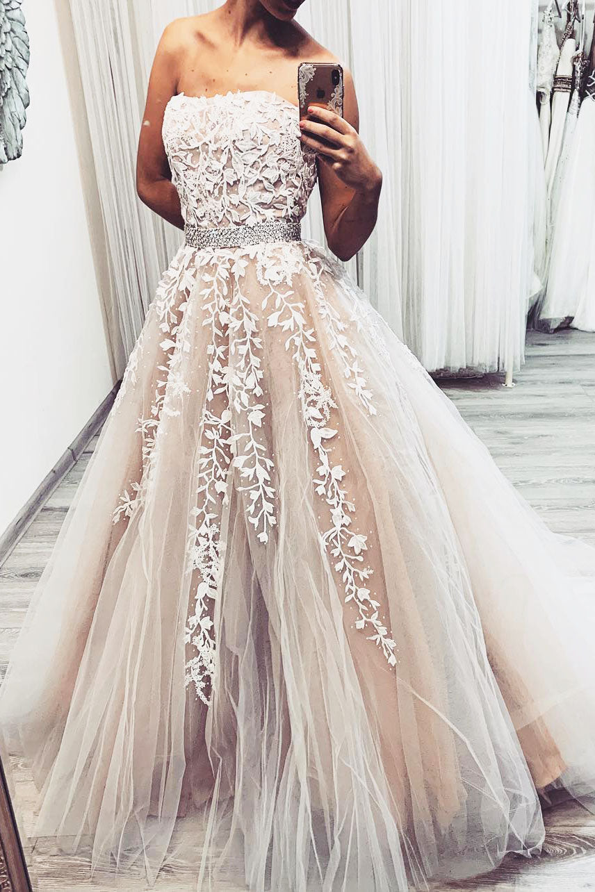 Champagne Tulle Lace Long Prom Dress Tulle Lace Evening Gown