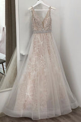 Unique V-Neck Tulle Beaded Long Prom Dress Champagne Evening Dress