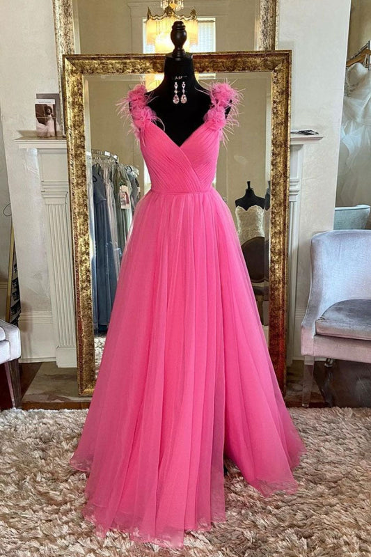 Pink V-Neck Tulle Long Prom Dress Pink Tulle Formal Dress