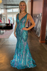 Sparkly Blue Metallic Long Backless Sequins Prom Dres with Slit