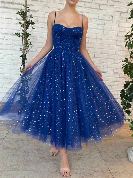 Blue Tulle Tea-Length Prom Dress Blue Tulle Bridesmaid Dress