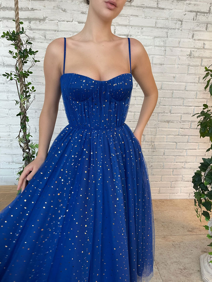 Blue Tulle Tea-Length Prom Dress Blue Tulle Bridesmaid Dress