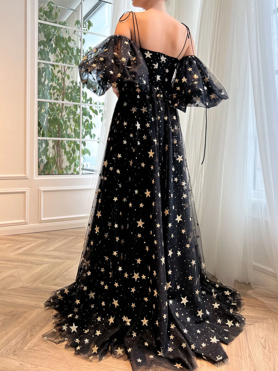 A-Line Black Tulle Long Prom Dress Black Formal Evening Dress