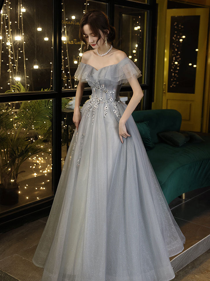 Gray Tulle Off-Shoulder Long Prom Dress Gray Tulle Formal Dress