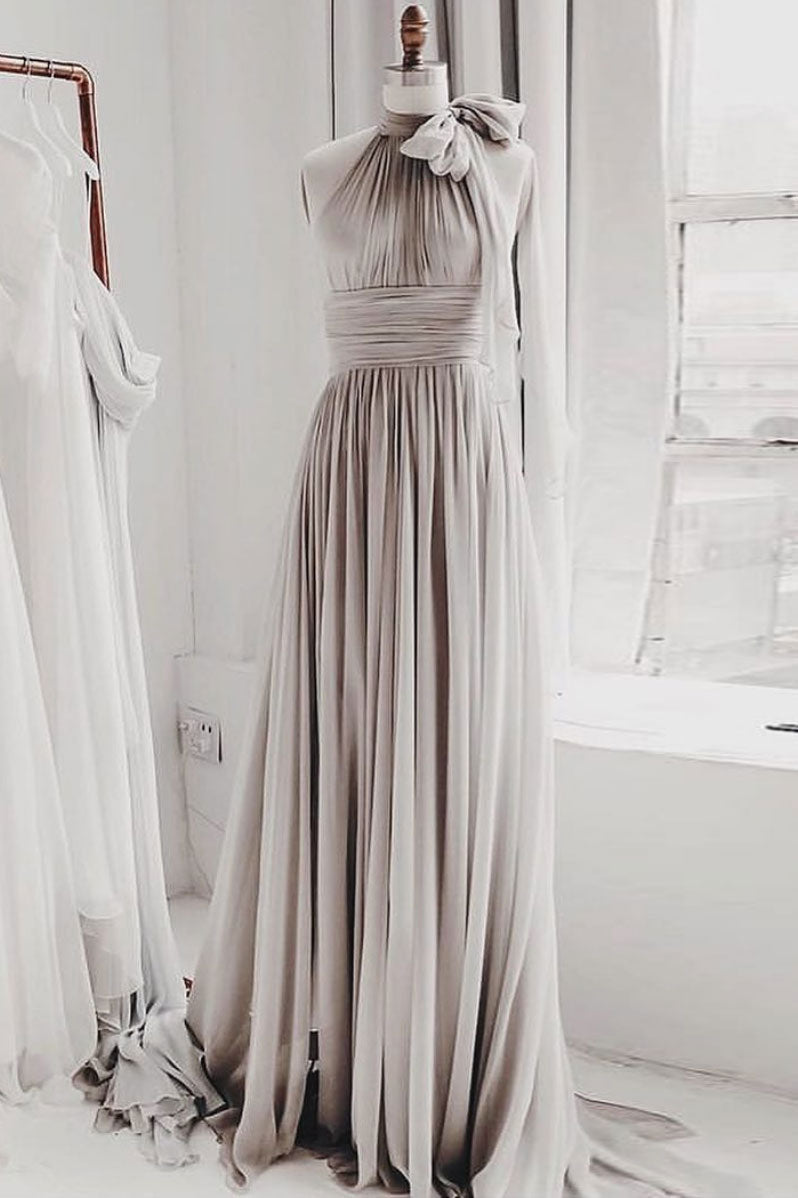 Simple Chiffon Gray Long Prom Dress Gray Bridesmaid Dress