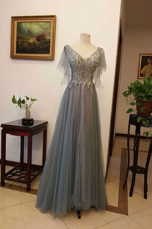 Gray V-Neck Tulle Sequin Long Prom Dress Gray Evening Dress