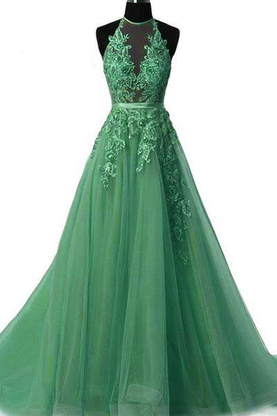 Unique Tulle Lace Applique Green Long Prom Dress Green Tulle Evening Dress