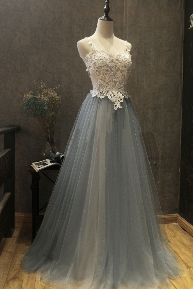 Gray Sweetheart Neck Lace Appliqu¨¦ Tulle Long Prom Dress Gray Evening Dress