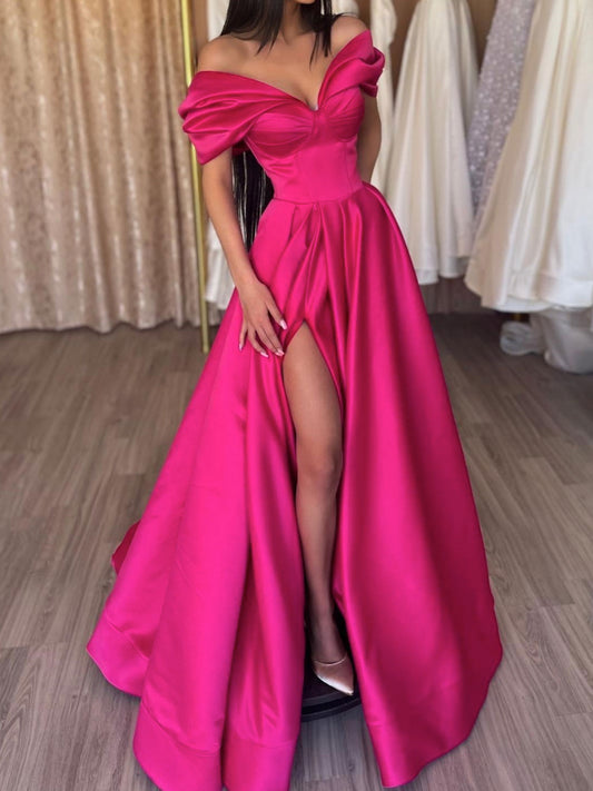 Elegant V-Neck Off-Shoulder Satin Long Prom Dress Formal Evening Dress