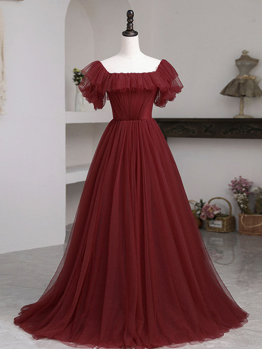 Simple A-Line Burgundy Tulle Long Prom Dress Burgundy Tulle Formal Gown