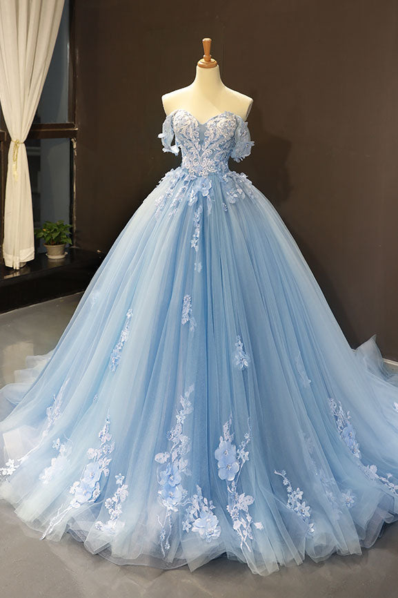 Blue Off-Shoulder Tulle Lace Long Prom Dress Blue Evening Dress