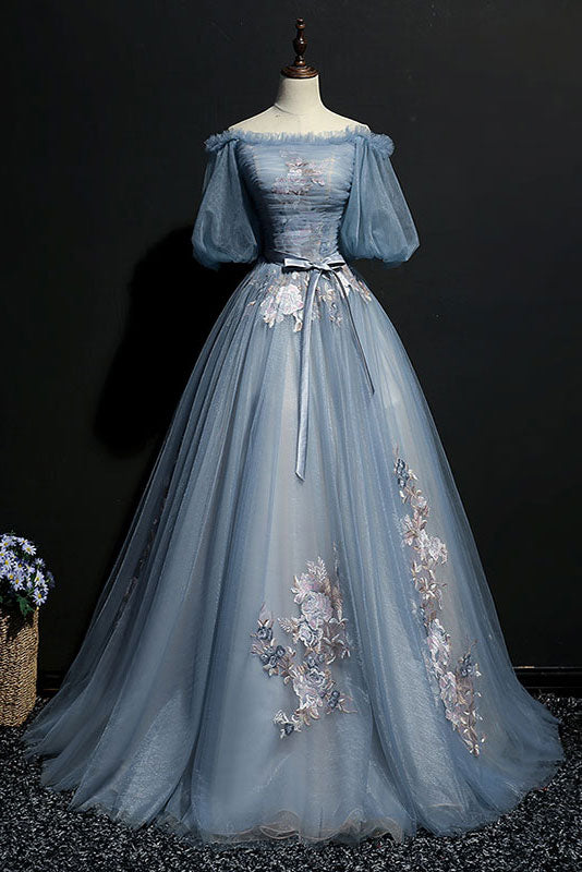 Unique Gray Blue Tulle Lace Appliqu¨¦ Long Prom Dress Gray Blue Evening Dress