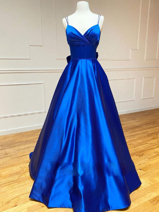 Blue V-Neck Satin Long Prom Dress Blue Evening Dress