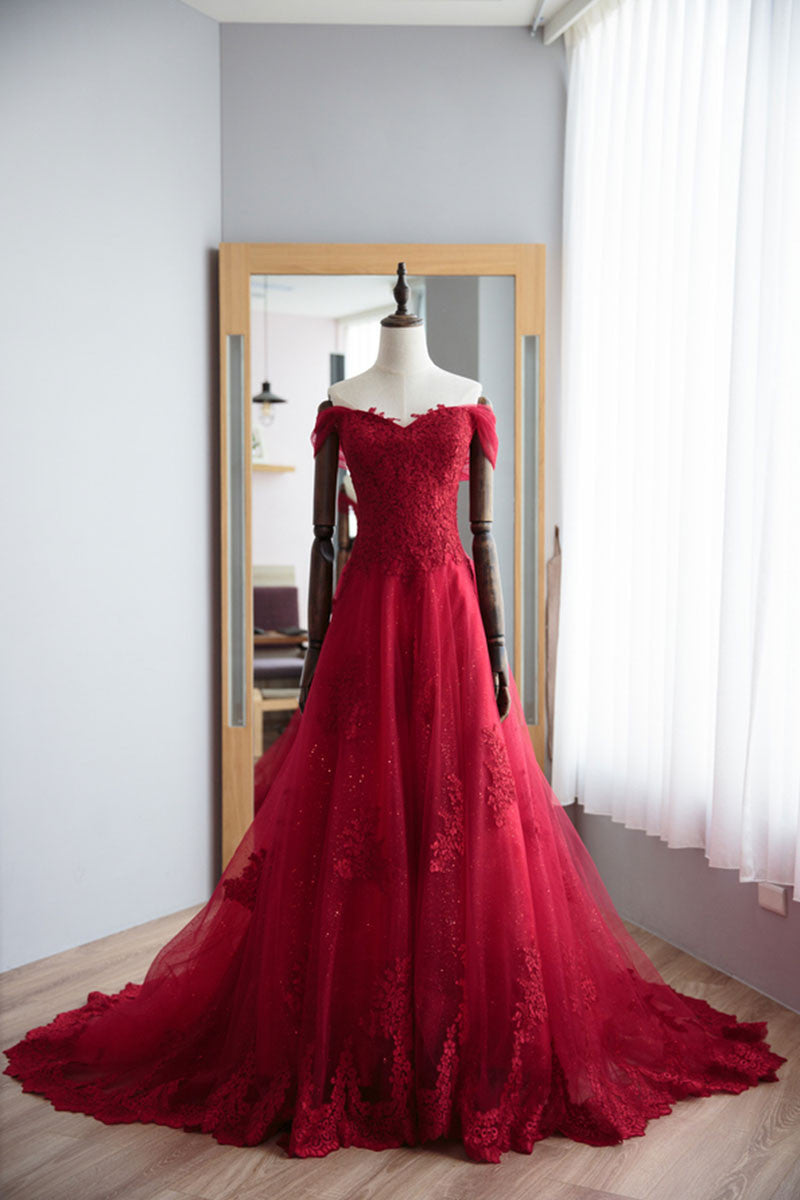 Red Sweetheart Lace Tulle Long Prom Dress Red Evening Dress